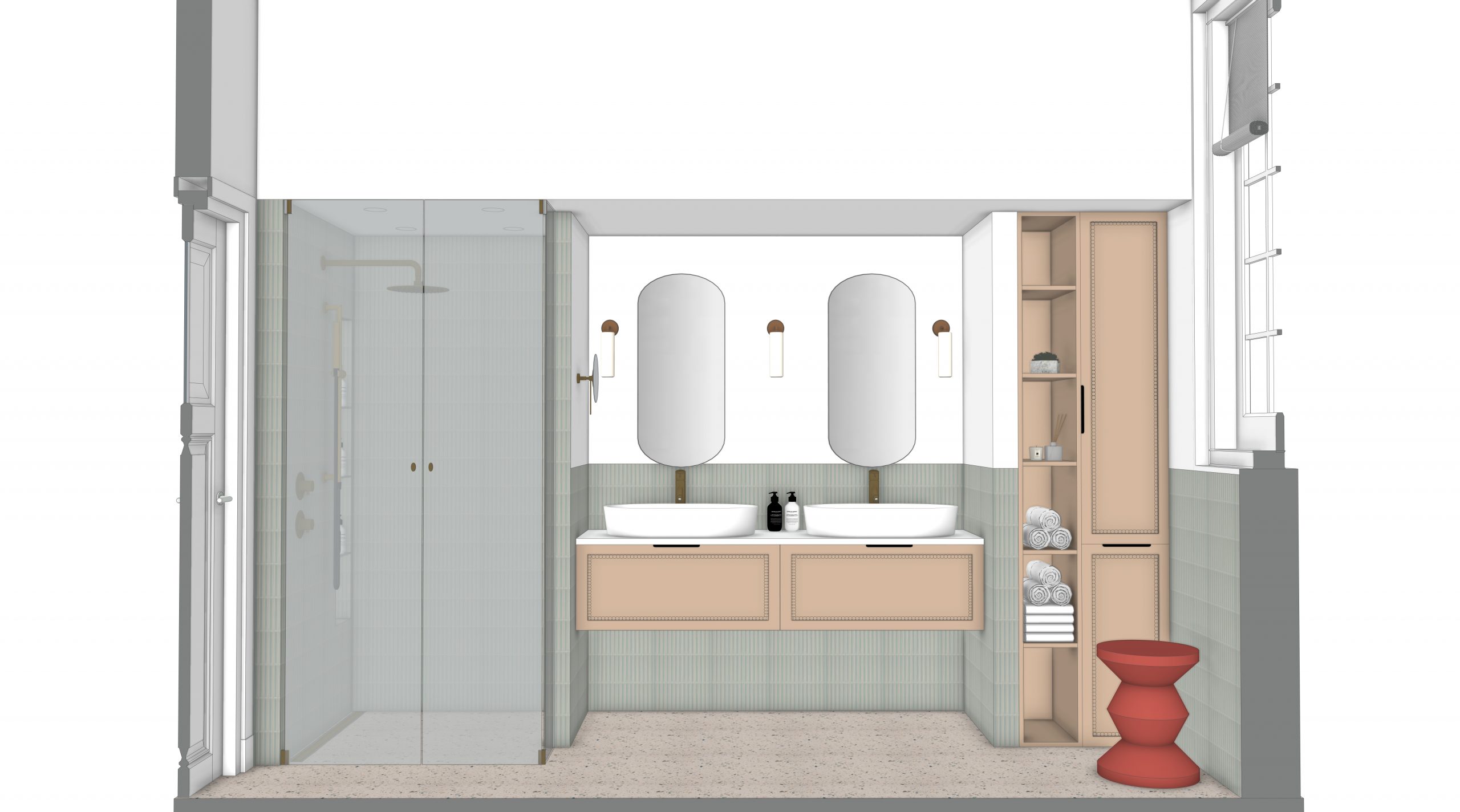 Gekleurde 3D render van het badkamerontwerp met dubbele wastafel in houten finish, ovale spiegels en groene tegelmozaïek wandbekleding. Links een glazen douchecabine, rechts een houten inbouwkast met open vakken en rode designkrukje. Terrazzo vloer en Mochi kleuraccenten van Little Greene completeren het warme ontwerp.
