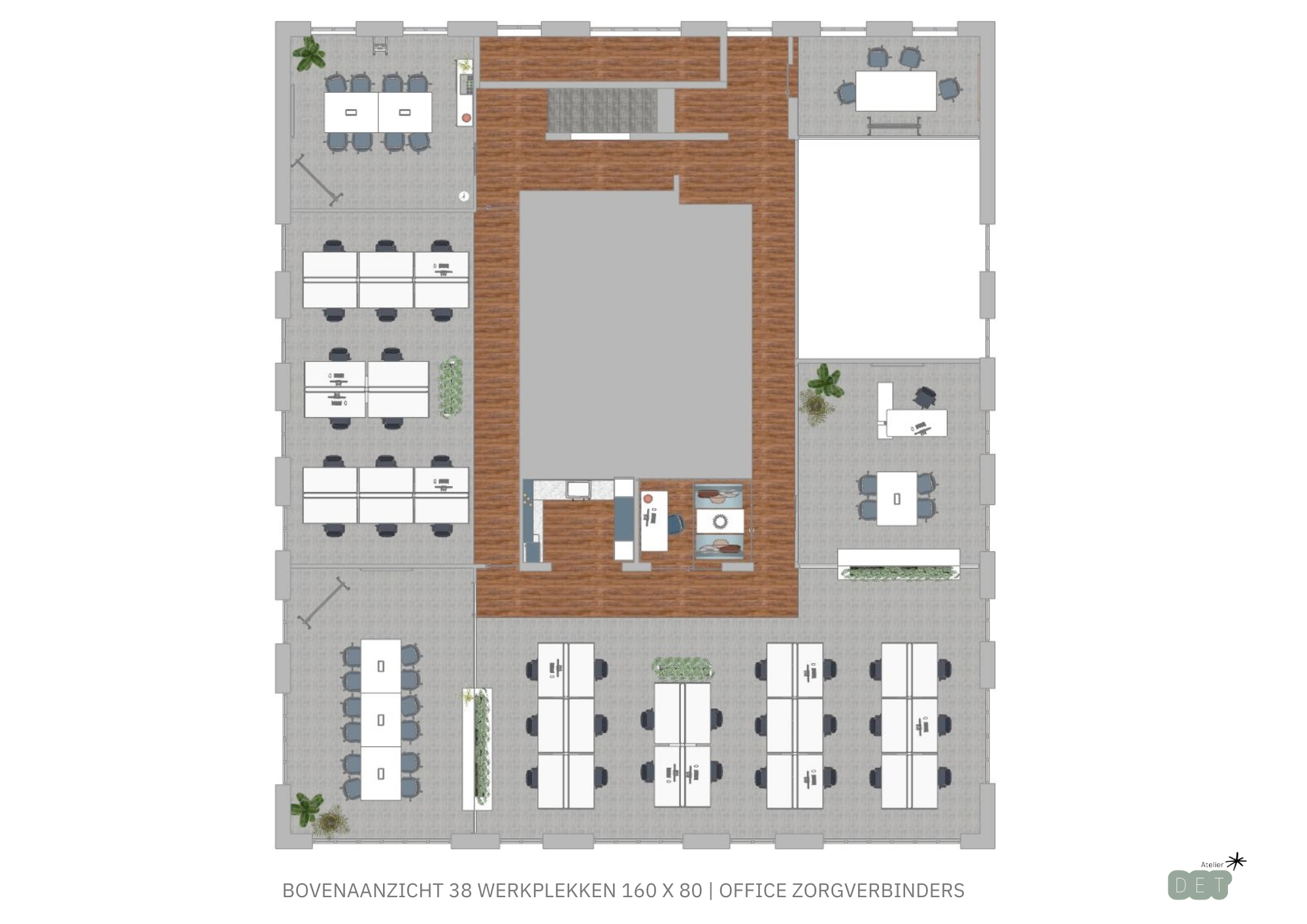 Bovenaanzicht plattegrond van een groot kantoor met 38 werkplekken in 160x80 formaat. De ruimte toont een open kantoorindeling met centrale houten vloer, grijze werkplekken rondom, vergaderruimtes, keukenblok en strategisch geplaatste groene planten. Ondertitel toont 'Bovenaanzicht 38 werkplekken 160 x 80 | Office Zorgverbinders' met Atelier Det logo.