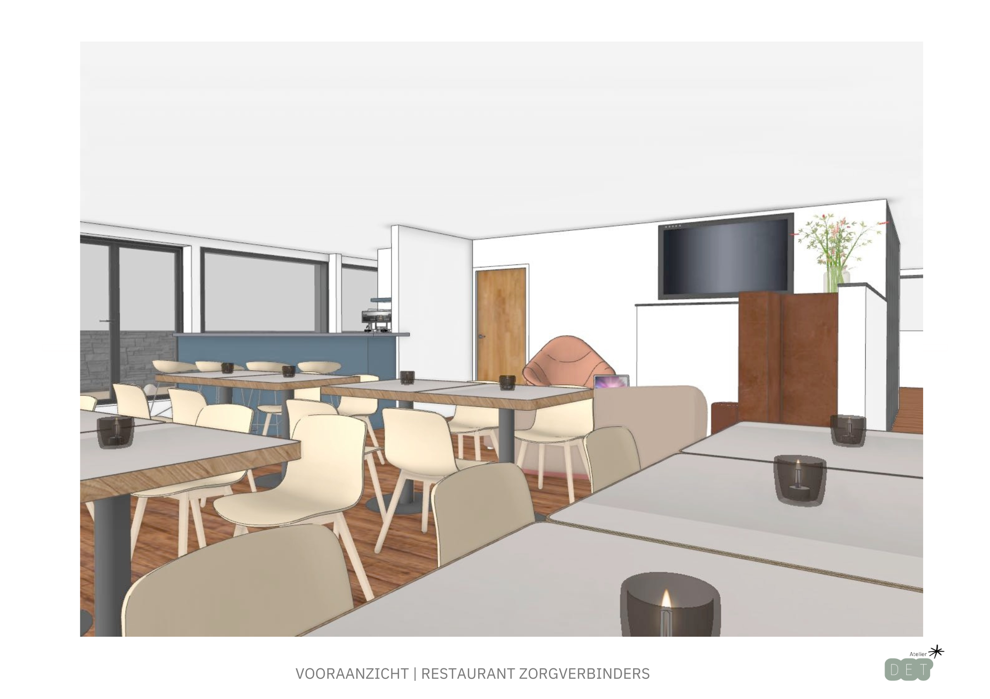 3D render van Restaurant Zorgverbinders met moderne eetruimte. Houten tafels met crème stoelen, blauwe keuken op de achtergrond, lounge-area met roze fauteuil en TV-meubel in hout en wit. Grote ramen zorgen voor veel licht, groene plant als accent. Ondertitel toont 'Vooraanzicht | Restaurant Zorgverbinders' met Atelier Det logo