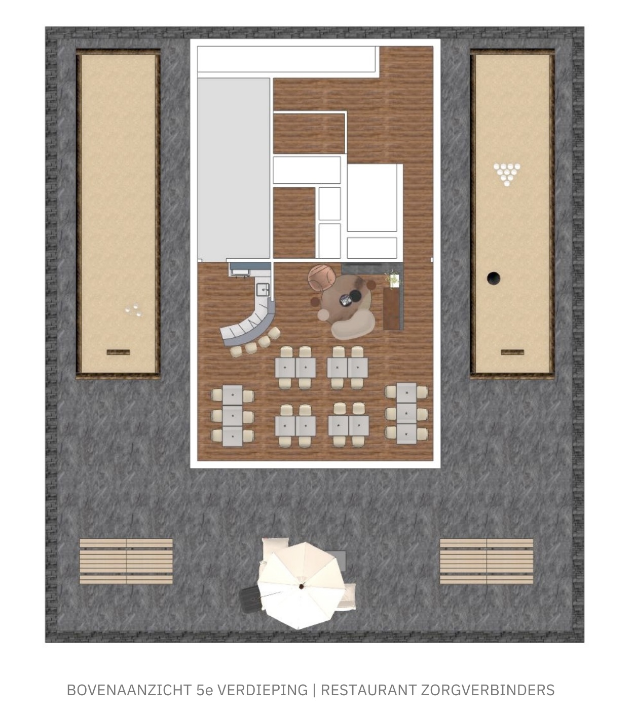 Bovenaanzicht plattegrond van de 5e verdieping van Restaurant Zorgverbinders. De centrale ruimte heeft een houten vloer met witte eettafels, ronde lounge-area, keukenblok en bar. Rondom liggen grijze terrassen met houten banken en een witte parasol. Ondertitel toont 'Bovenaanzicht 5e verdieping | Restaurant Zorgverbinders' met Atelier Det logo.