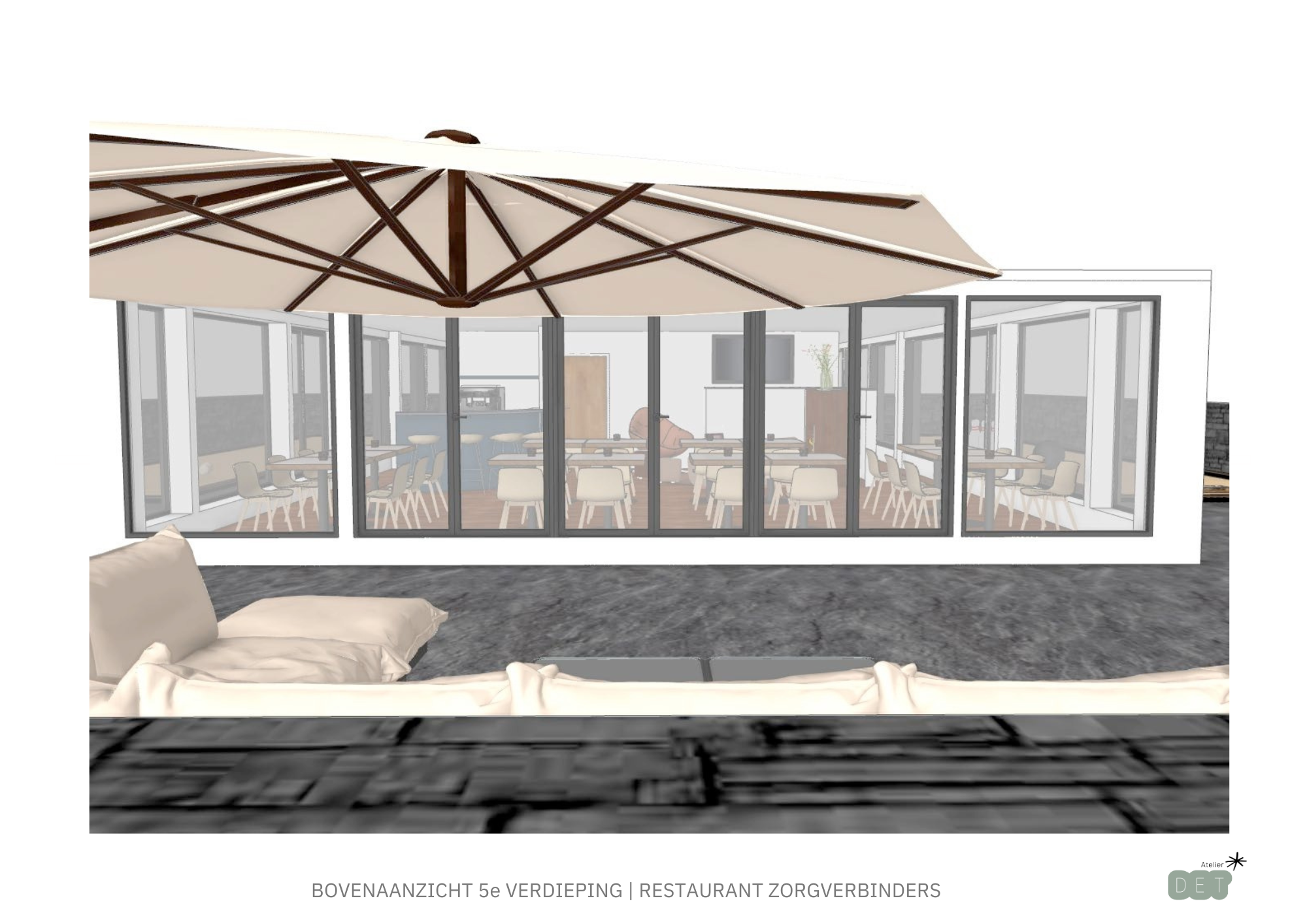 3D render buitenaanzicht van Restaurant Zorgverbinders op de 5e verdieping. Glazen paviljoen met grote parasol erboven, terras met grijze tegels en witte loungestoelen. Door de glazen wanden is het restaurant met houten tafels en stoelen zichtbaar. Ondertitel toont 'Bovenaanzicht 5e verdieping | Restaurant Zorgverbinders' met Atelier Det logo.