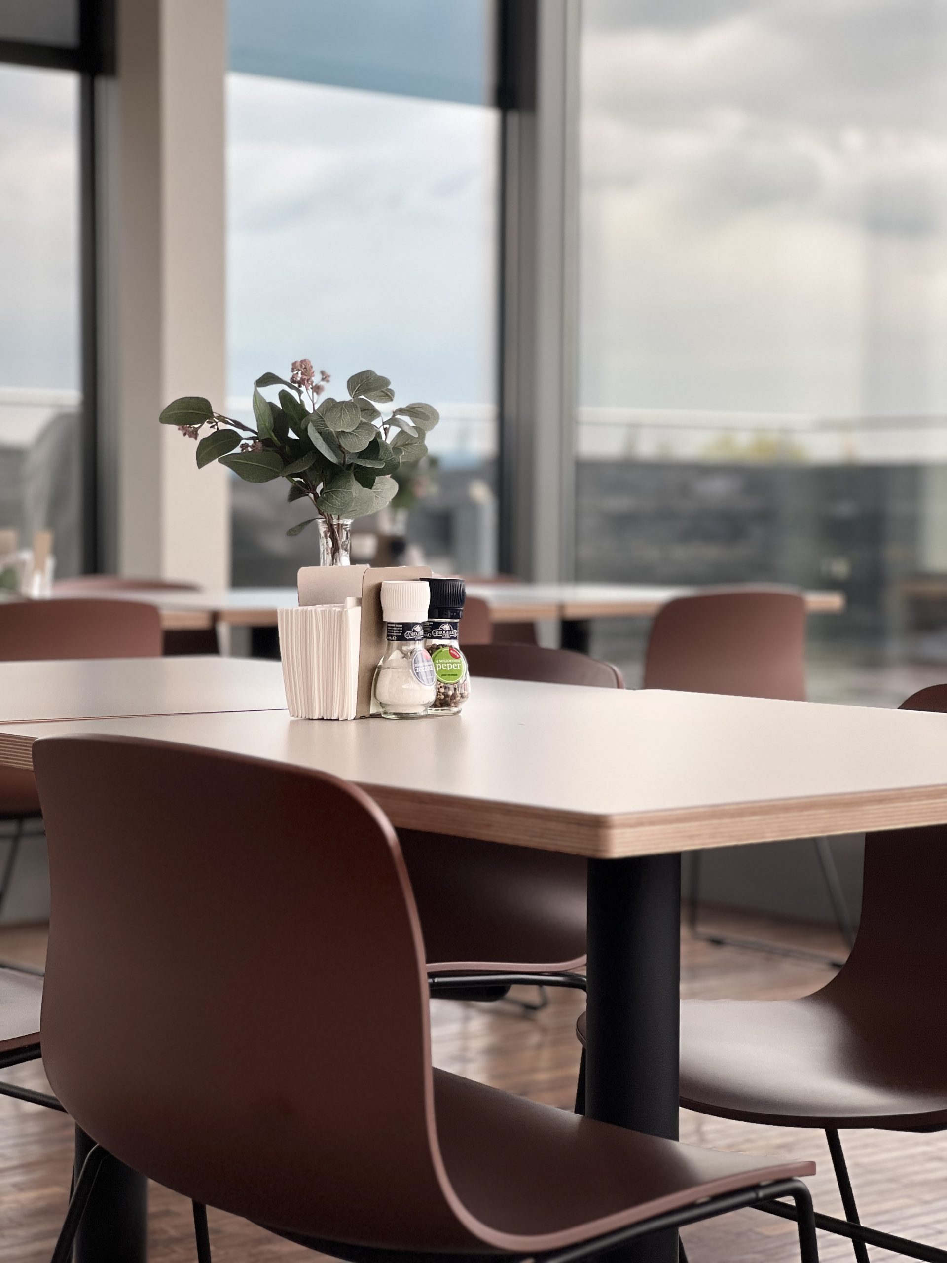 Modern kantoorinterieur met houten tafel en brick kleurige stoelen. Op de tafel staat een glazen vaas met eucalyptus takken en servettenhouder. Grote ramen zorgen voor veel natuurlijk licht met uitzicht op de stad