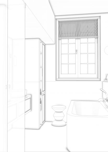 Zwart-wit 3D render van het badkamerontwerp met vrijstaand bad onder dubbele openslaande ramen, zwevend badkamermeubel links, designkrukje naast het bad en inbouwkast rechts. Technische visualisatie toont de nieuwe indeling en verhoudingen van de ruimte.